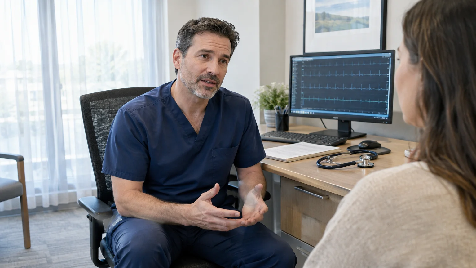 Male doctor in blue scrubs speaks to a patient beside a desk with a stethoscope and a monitor showing an EKG readout.
