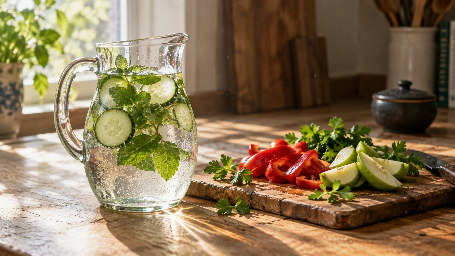 Glass pitcher of cucumber mint water beside sliced red bell peppers, green apples, and parsley on a wooden cutting board.