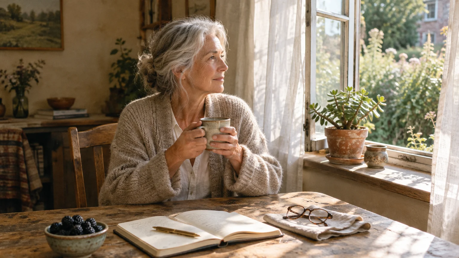 Mature woman with grey hair holding a mug at a wooden table next to an open sunlit window.