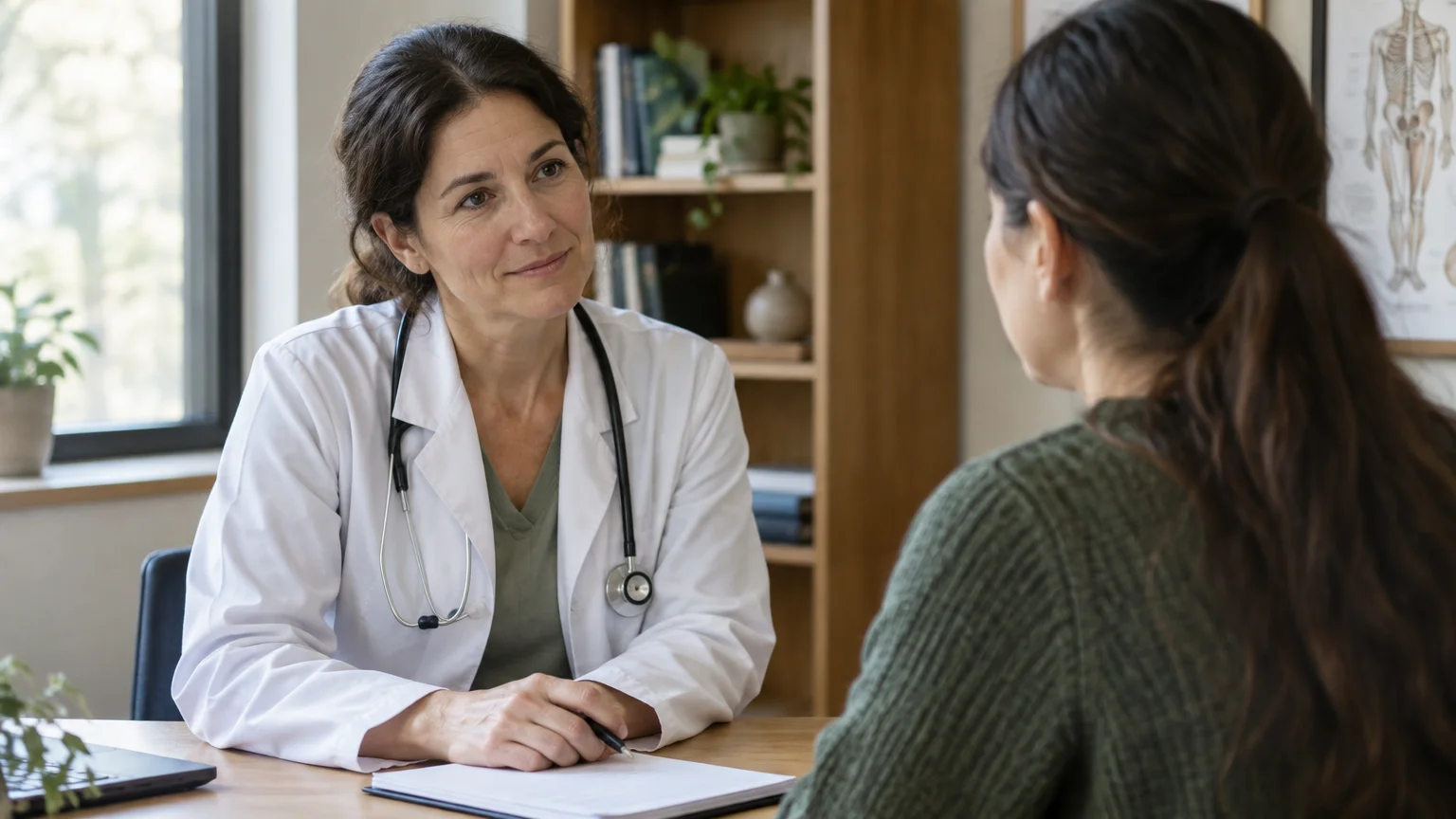 A female doctor in a white coat and stethoscope speaks with a female patient across a desk in a medical office.