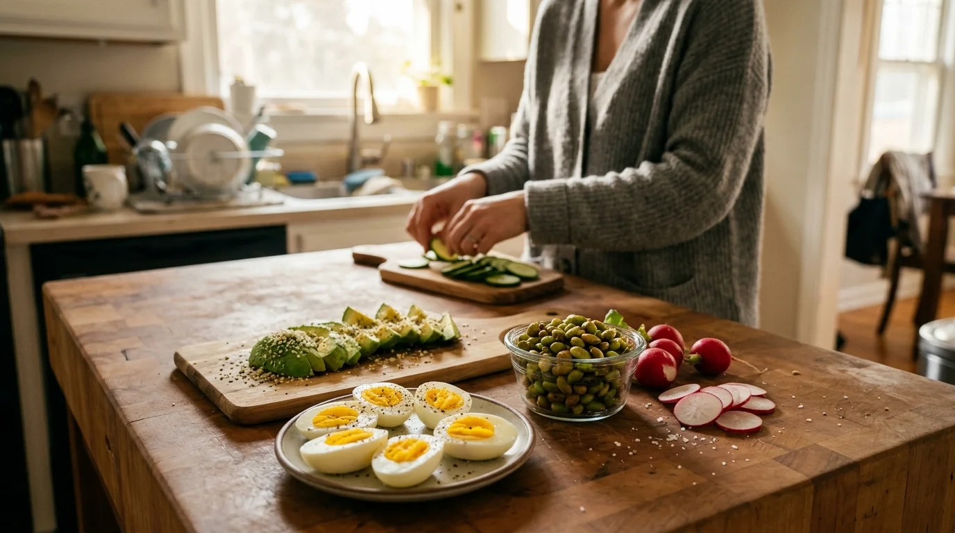 Hard-boiled eggs, sliced avocado, edamame, radishes, and sliced cucumbers arranged on a wooden kitchen island.