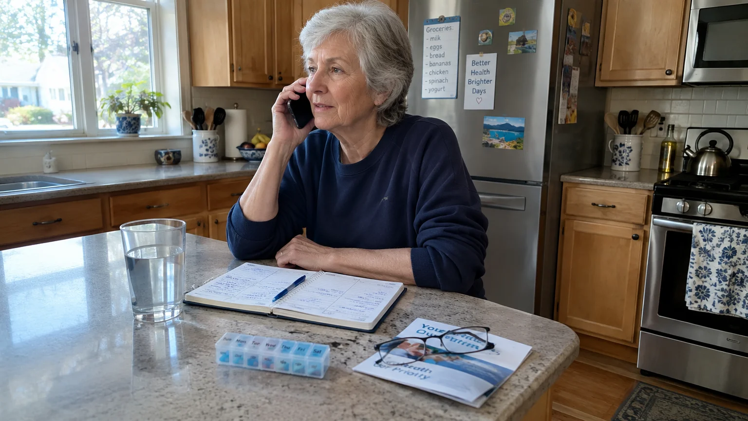 Older woman on a smartphone at a kitchen counter with an open planner, pill organizer, and glass of water.