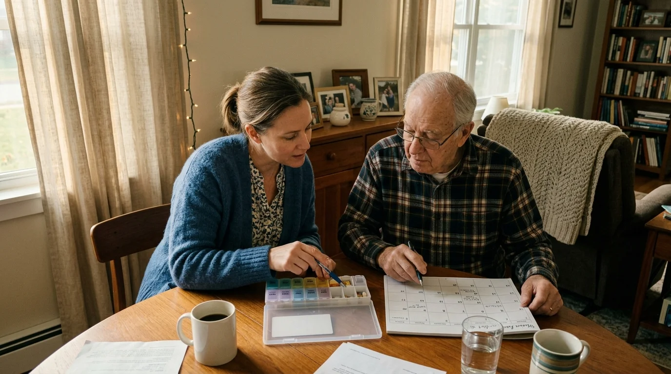 A woman helps an older man organize medication and write on a calendar at a wooden dining table.