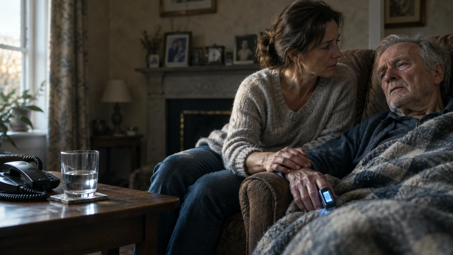 A concerned woman holds the hand of an elderly man resting in an armchair with a pulse oximeter on his finger.