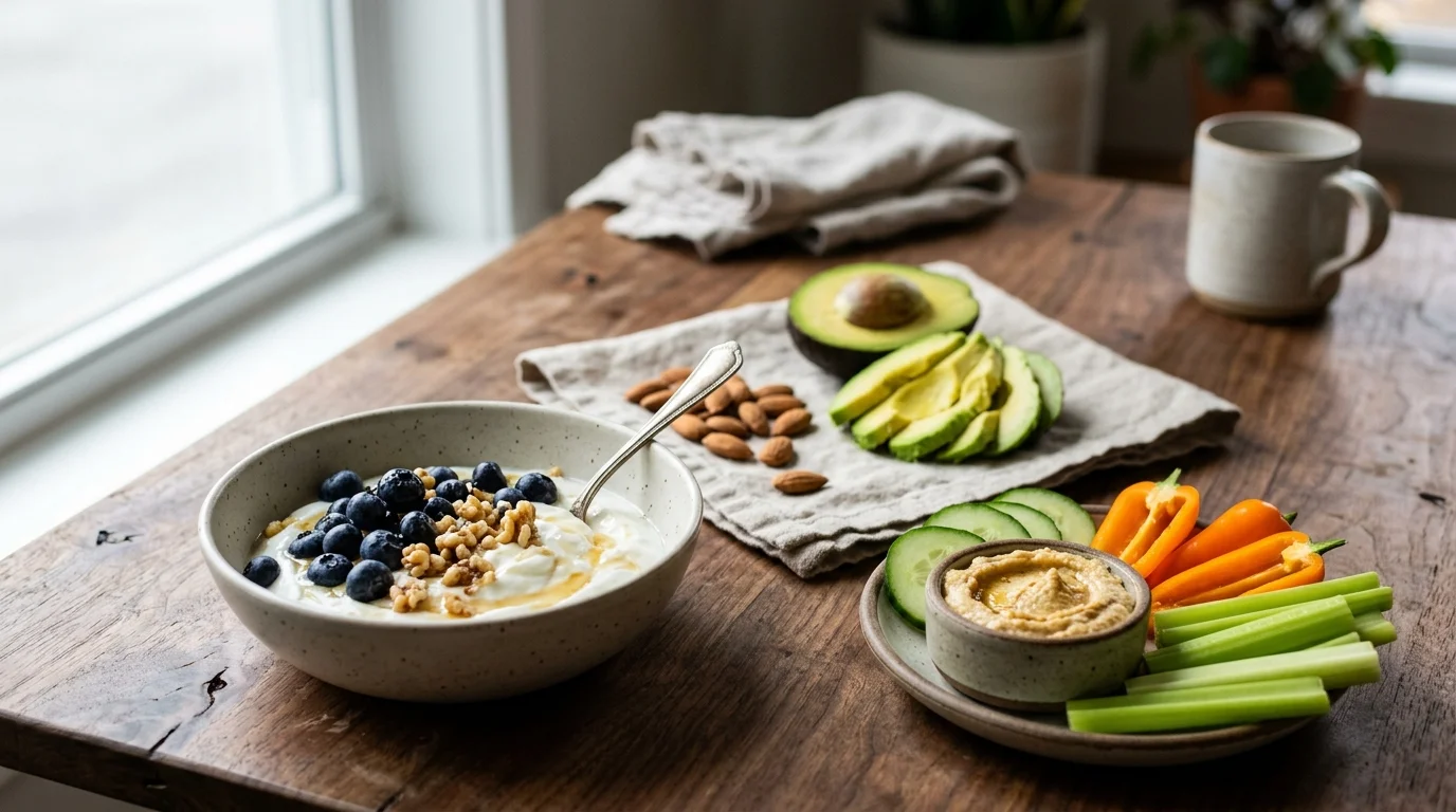 A wooden table arranged with a yogurt bowl with blueberries, sliced avocado, almonds, hummus, and fresh vegetables.