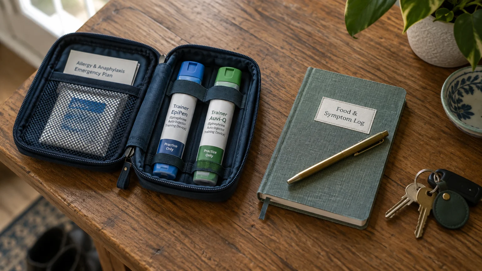 Medical kit with auto-injector trainers and an emergency plan beside a food and symptom log notebook on a table.