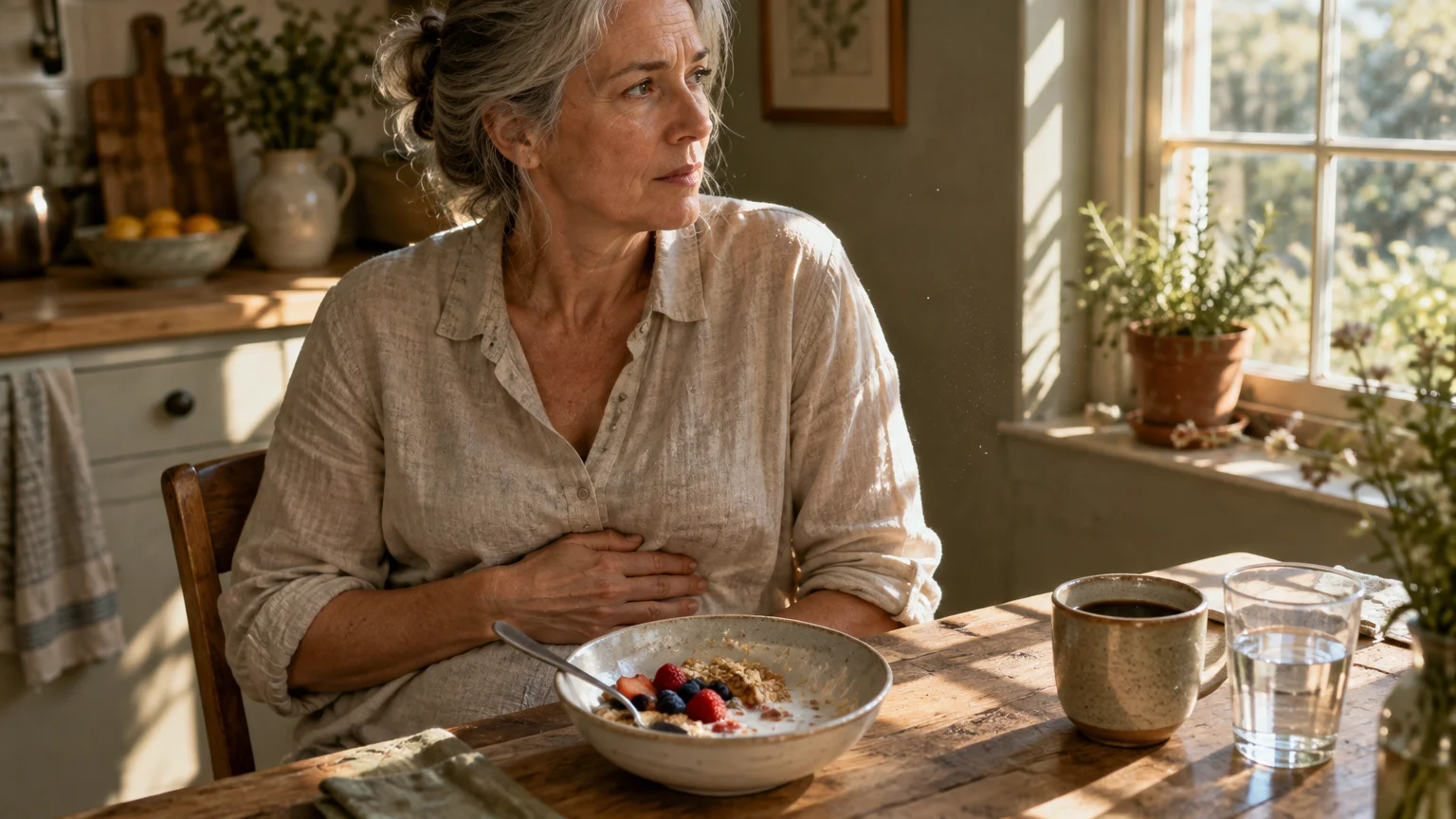 An older woman holds her stomach while sitting at a rustic wooden dining table next to a bowl of oatmeal and berries.