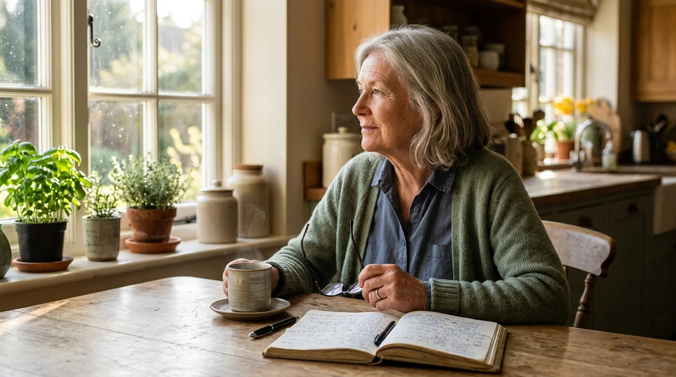 A senior woman sits at a wooden table holding a warm mug and glasses, looking thoughtfully out a bright window.
