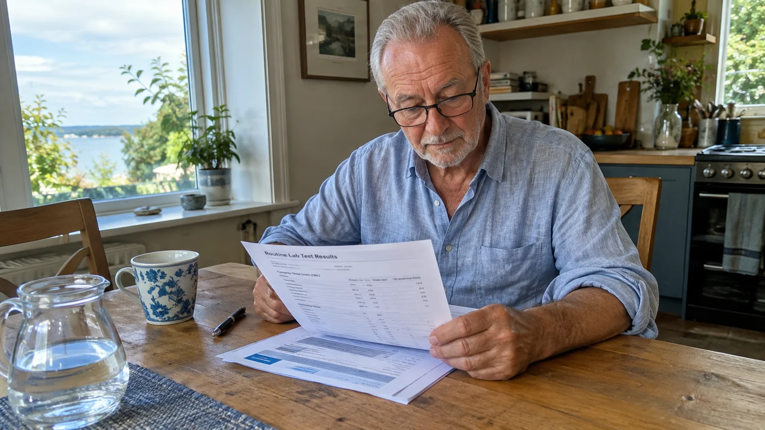 Senior man wearing glasses sits at a dining table holding and reading printed routine lab test results.
