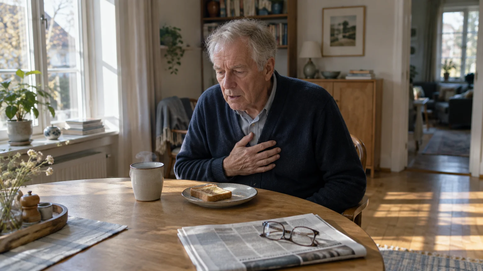 Senior man in a cardigan sitting at a breakfast table, clutching his chest with a distressed expression.