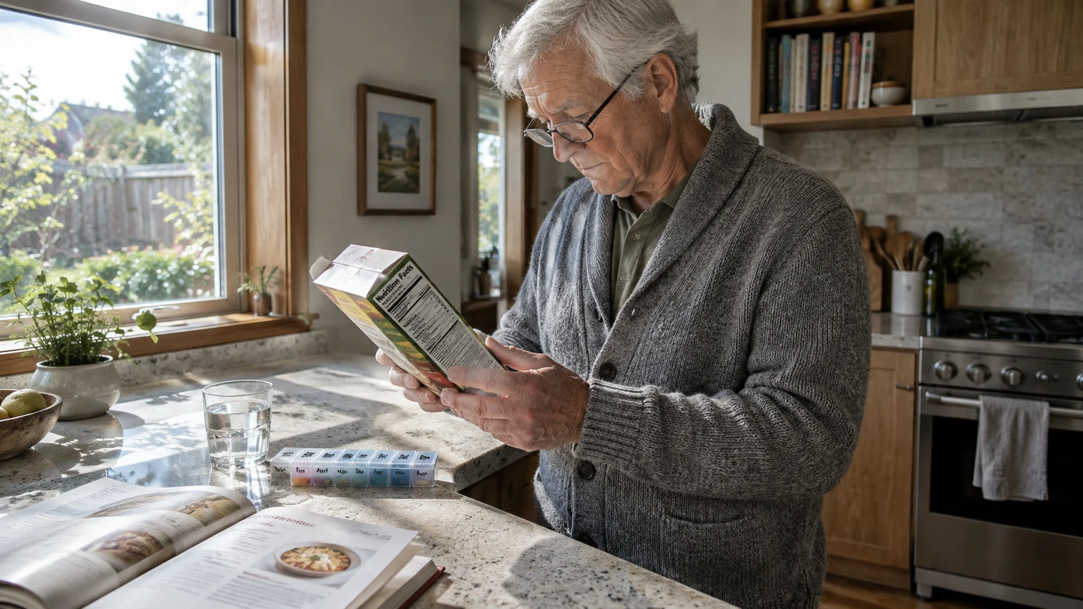 Older man in glasses reads the nutrition facts on a food box at a sunlit kitchen counter near a weekly pill organizer.