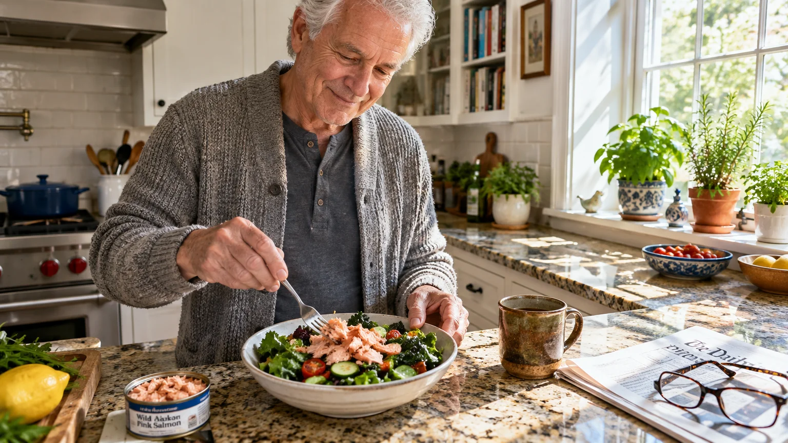 A smiling older man in a knit cardigan eats a green salad topped with canned pink salmon in a kitchen.