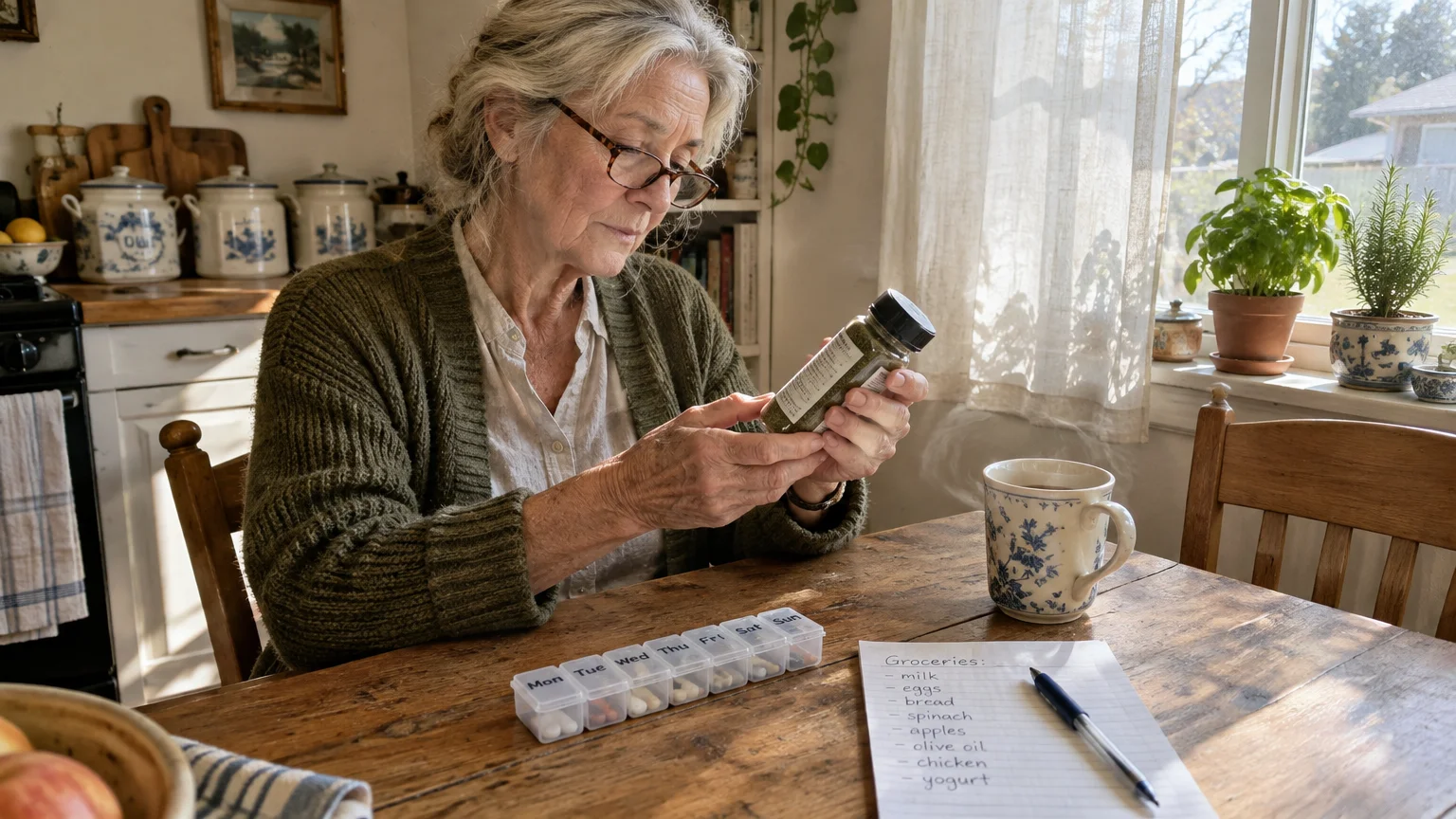 Senior woman sitting at a kitchen table examining a supplement bottle beside a pill organizer and grocery list.