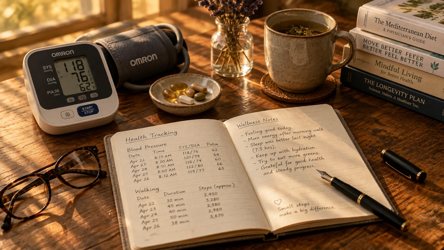 Blood pressure monitor, open handwritten health tracking journal, reading glasses, pen, pills, and mug on a wooden desk.