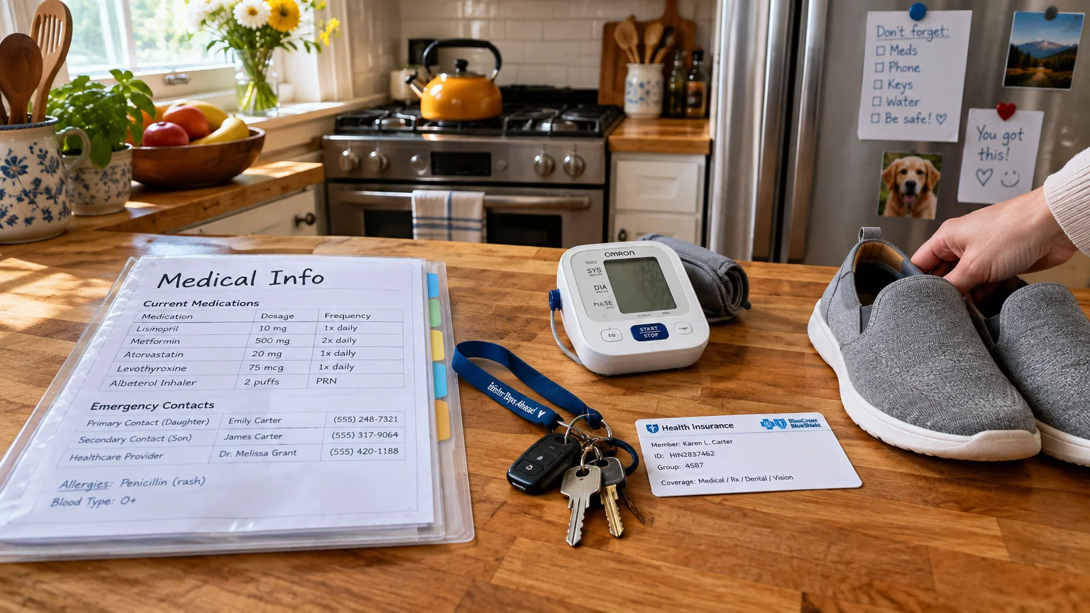 Medical info sheet, blood pressure monitor, insurance card, keys, and slip-on shoes laid out on a kitchen counter.