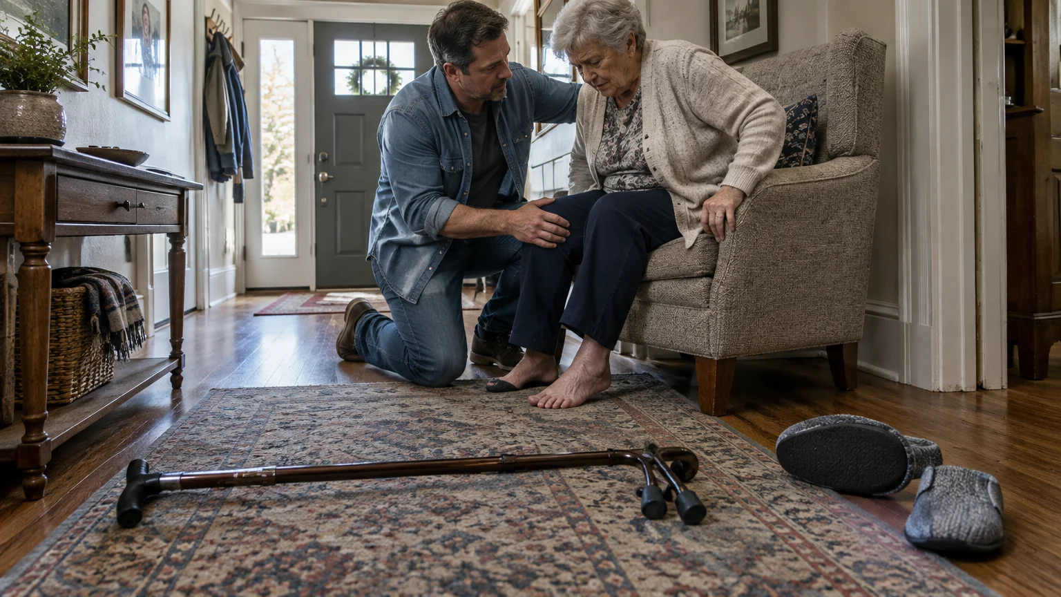 A man kneels beside an elderly woman sitting in an armchair, near a fallen walking cane and slippers on a rug.