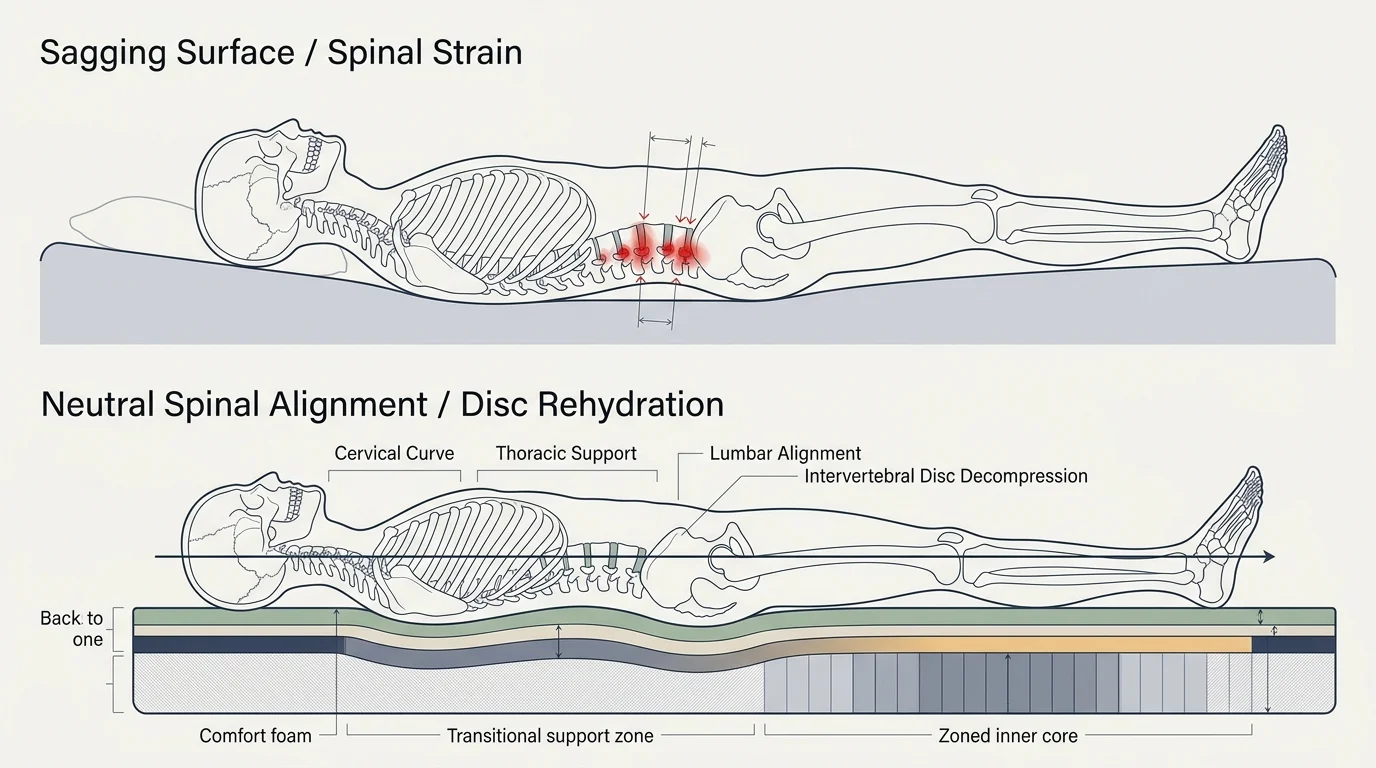 Diagram comparing spinal strain on a sagging mattress versus neutral alignment and disc decompression on a layered mattress.