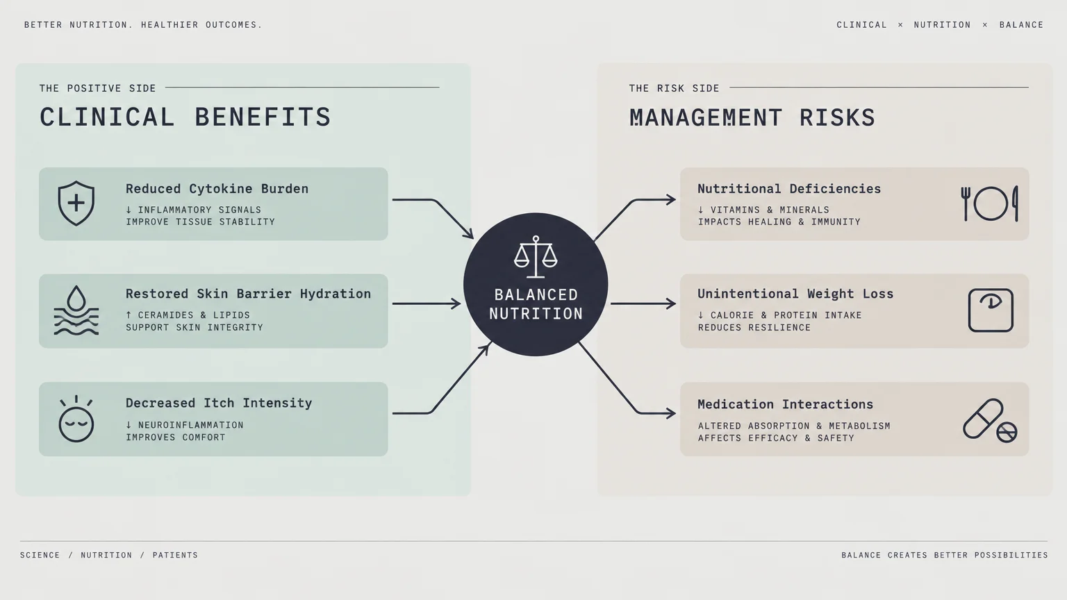 Diagram balancing clinical benefits against management risks through a central balanced nutrition scales icon.