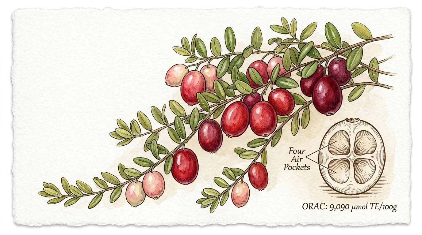 Botanical watercolor illustration of cranberries on leafy branches beside a cross-section diagram showing four air pockets.