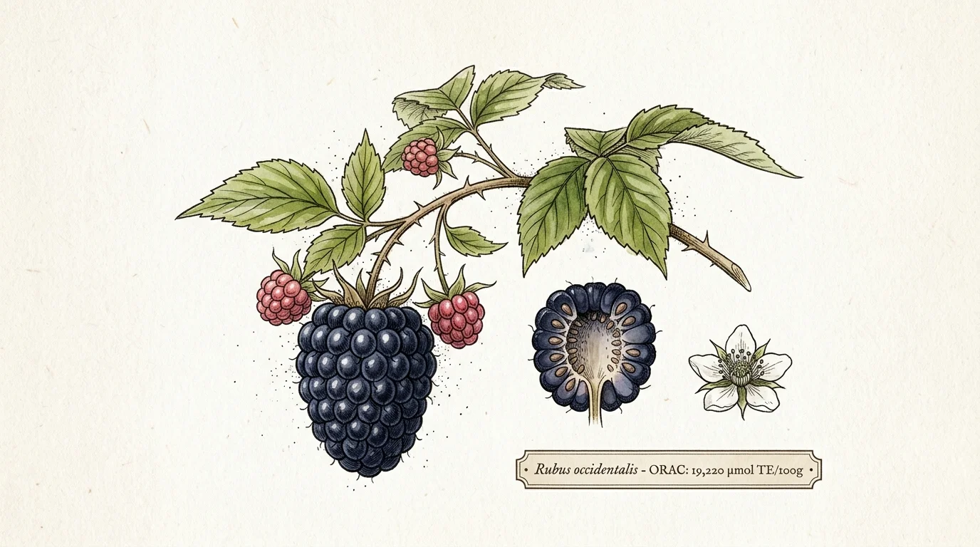 Botanical illustration of black raspberries on a leafy stem, showing ripe and unripe fruit, cross-section, and flower.