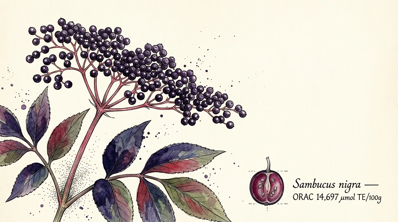 Botanical illustration of a dark purple elderberry cluster, leaves, and a cross-section of a berry labeled Sambucus nigra.