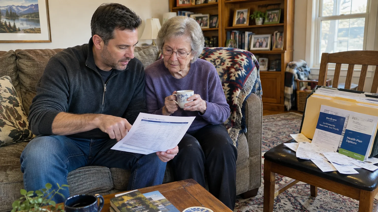 A man and an older woman sit on a living room couch reviewing health insurance paperwork and Medicare plan documents.