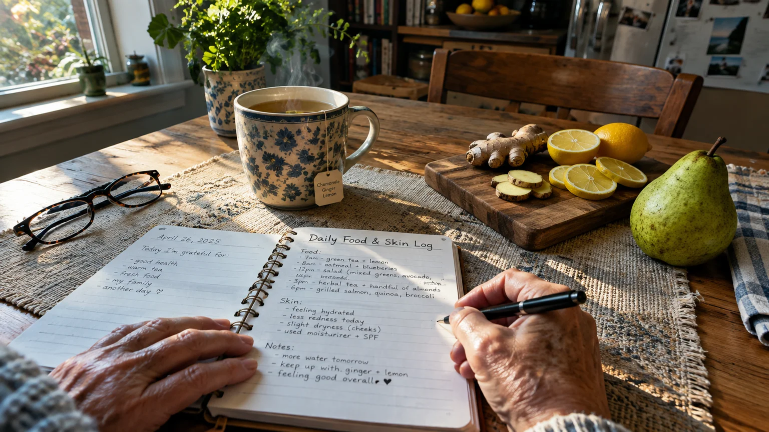 Hands writing in a food and skin log notebook on a wooden table beside tea, sliced ginger, lemon, and a pear.