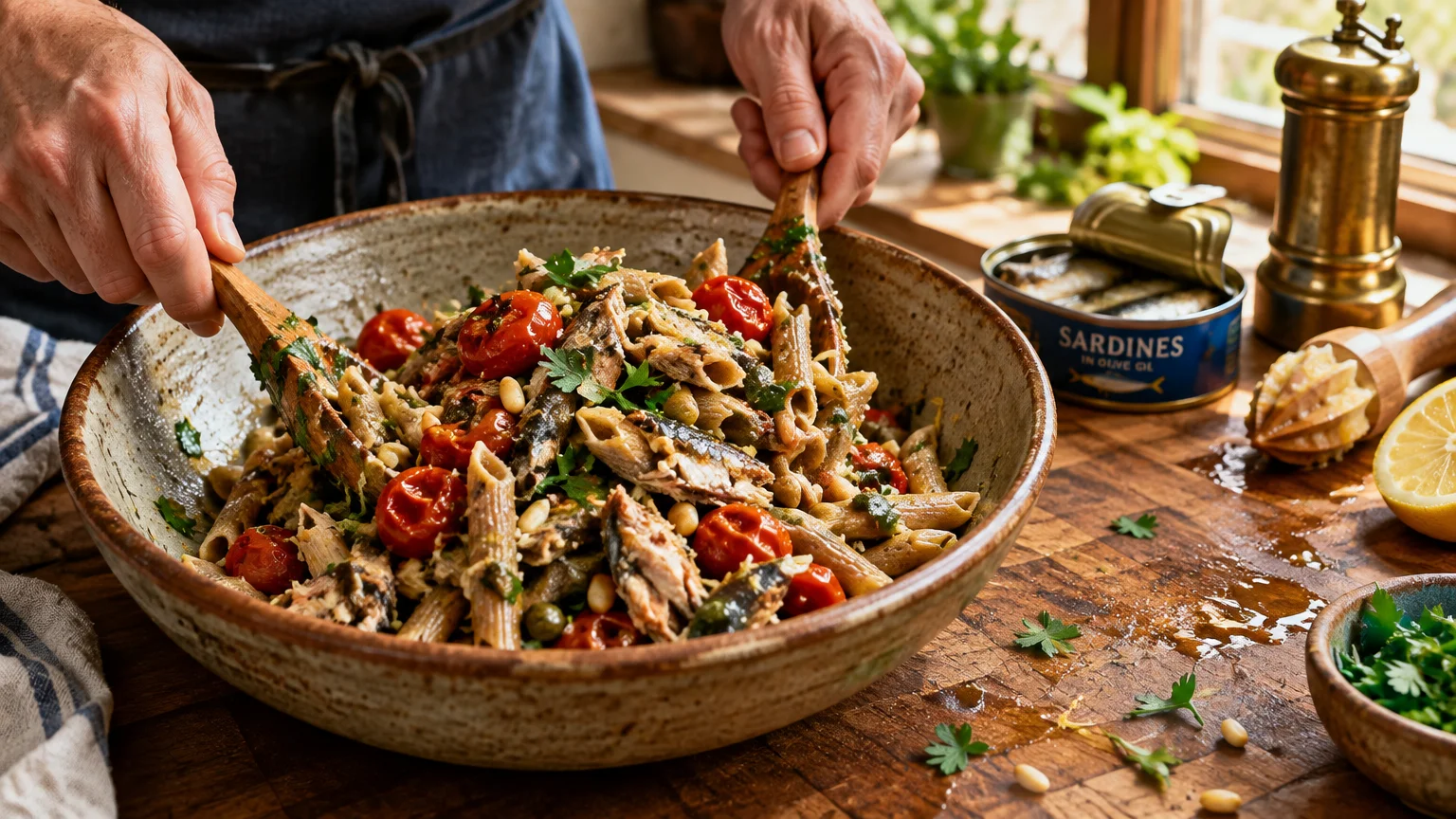 Hands using wooden spoons to toss penne pasta with canned sardines and cherry tomatoes in a large ceramic bowl.