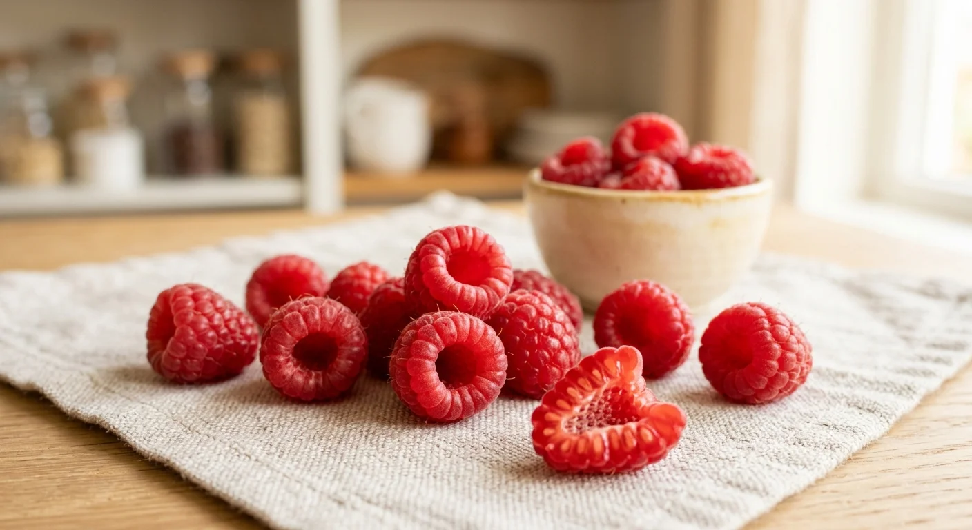 Fresh red raspberries scattered on a linen napkin on a wooden table, with more berries in a small ceramic bowl.