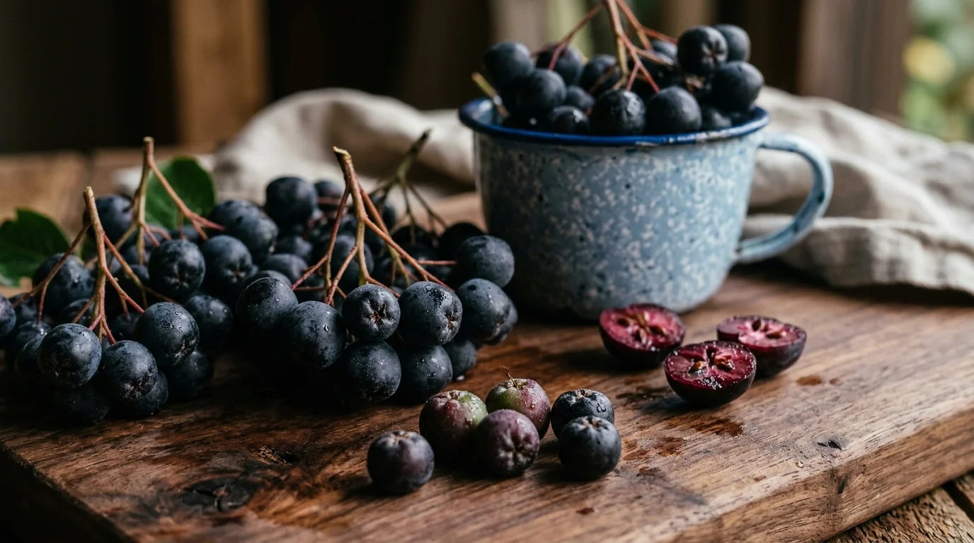 Fresh dark chokeberries on stems beside sliced halves and a rustic blue speckled mug on a wooden board.