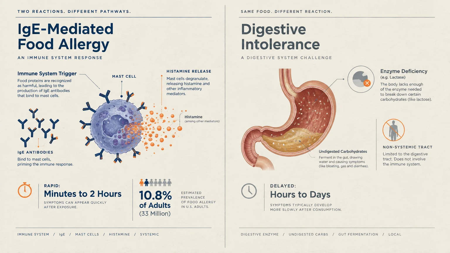 Diagram comparing IgE-mediated food allergy pathways involving mast cells and histamine with digestive intolerance in a stomach.