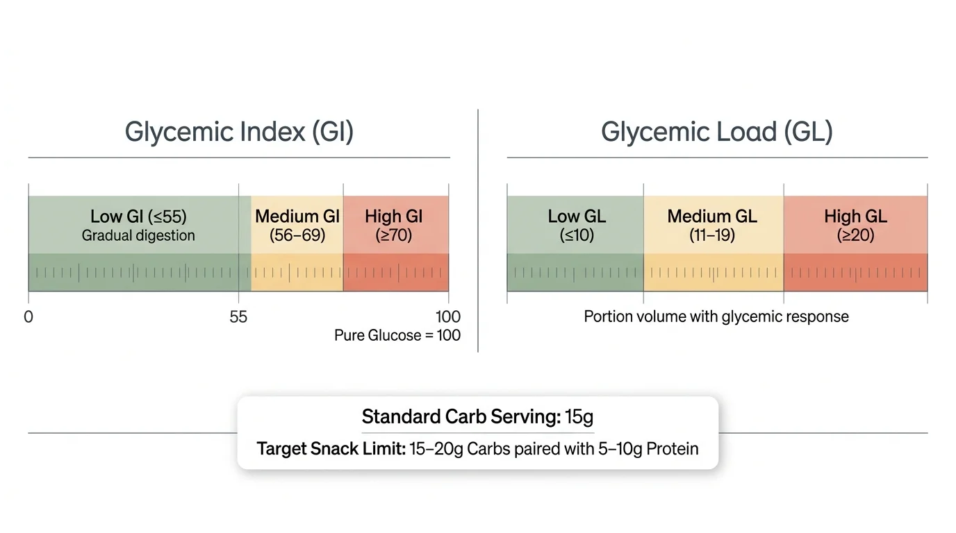 Color-coded charts comparing Glycemic Index and Glycemic Load ranges with target carbohydrate and protein limits for snacks.
