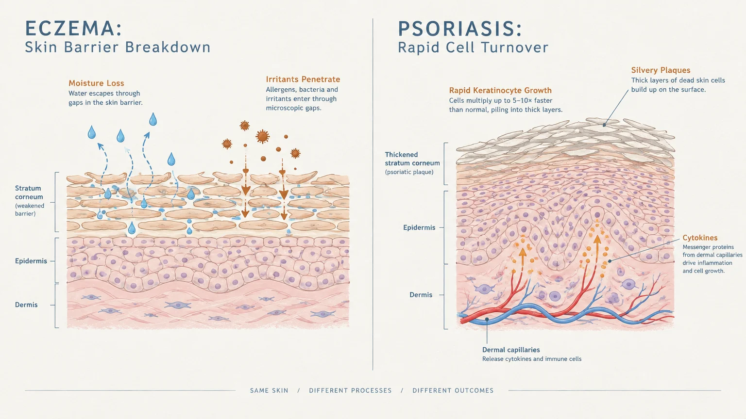 Cross-section diagrams comparing eczema skin barrier breakdown and moisture loss with psoriasis rapid cell turnover.