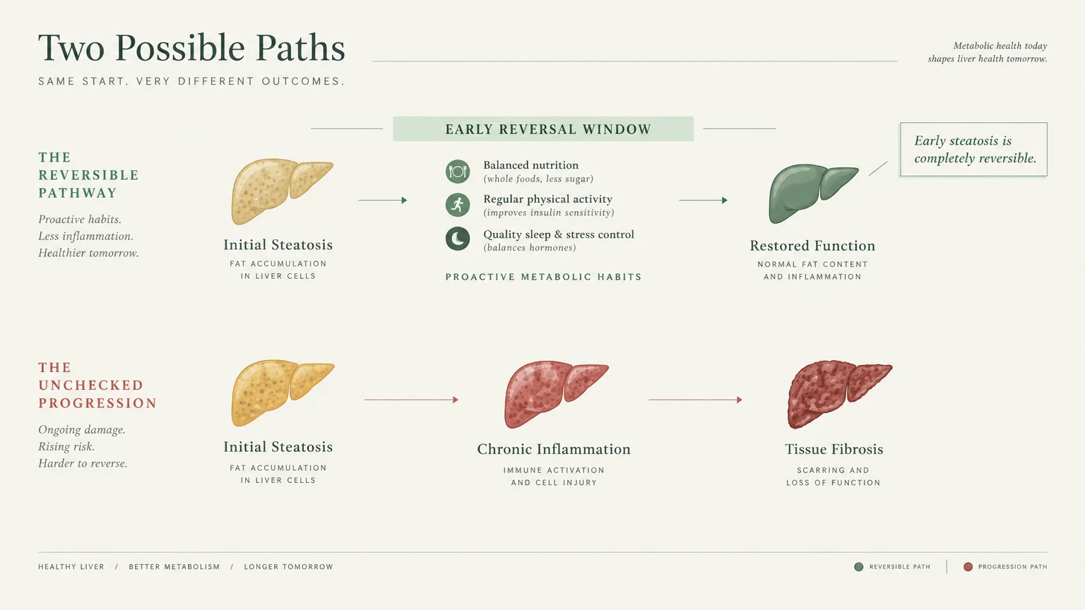 Flowchart comparing a reversible liver recovery pathway against unchecked progression to inflammation and tissue fibrosis.