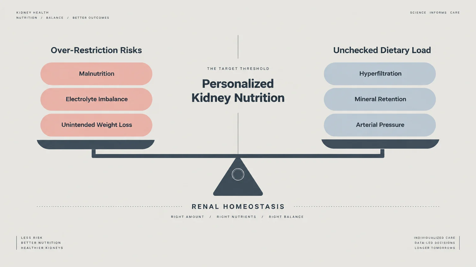 A balance scale comparing over-restriction risks on the left against unchecked dietary load on the right.
