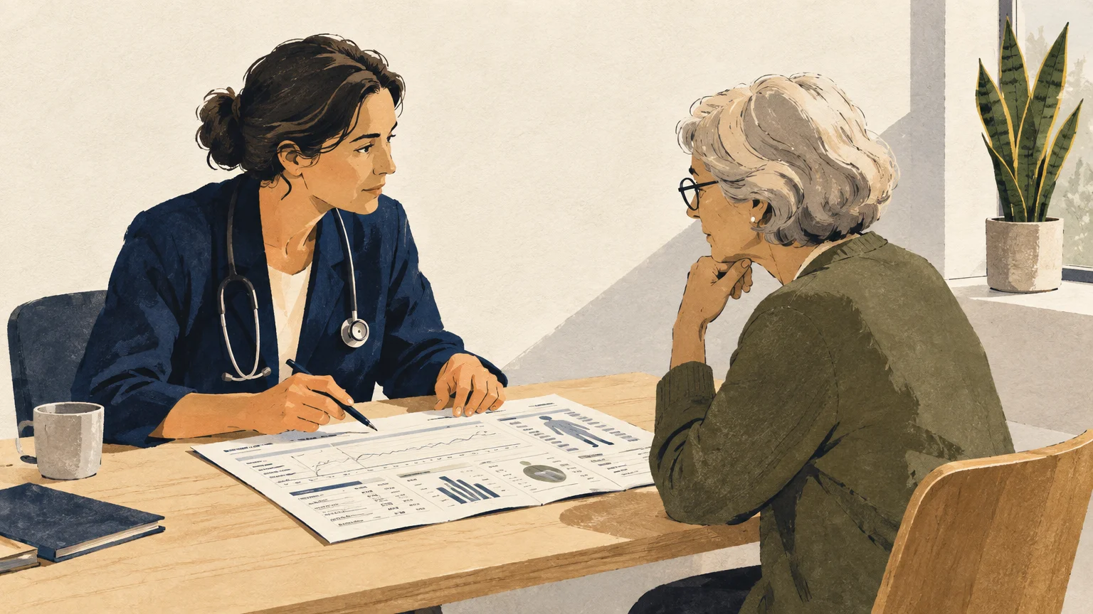 A female doctor sits at a desk reviewing medical charts and test results with an older woman.