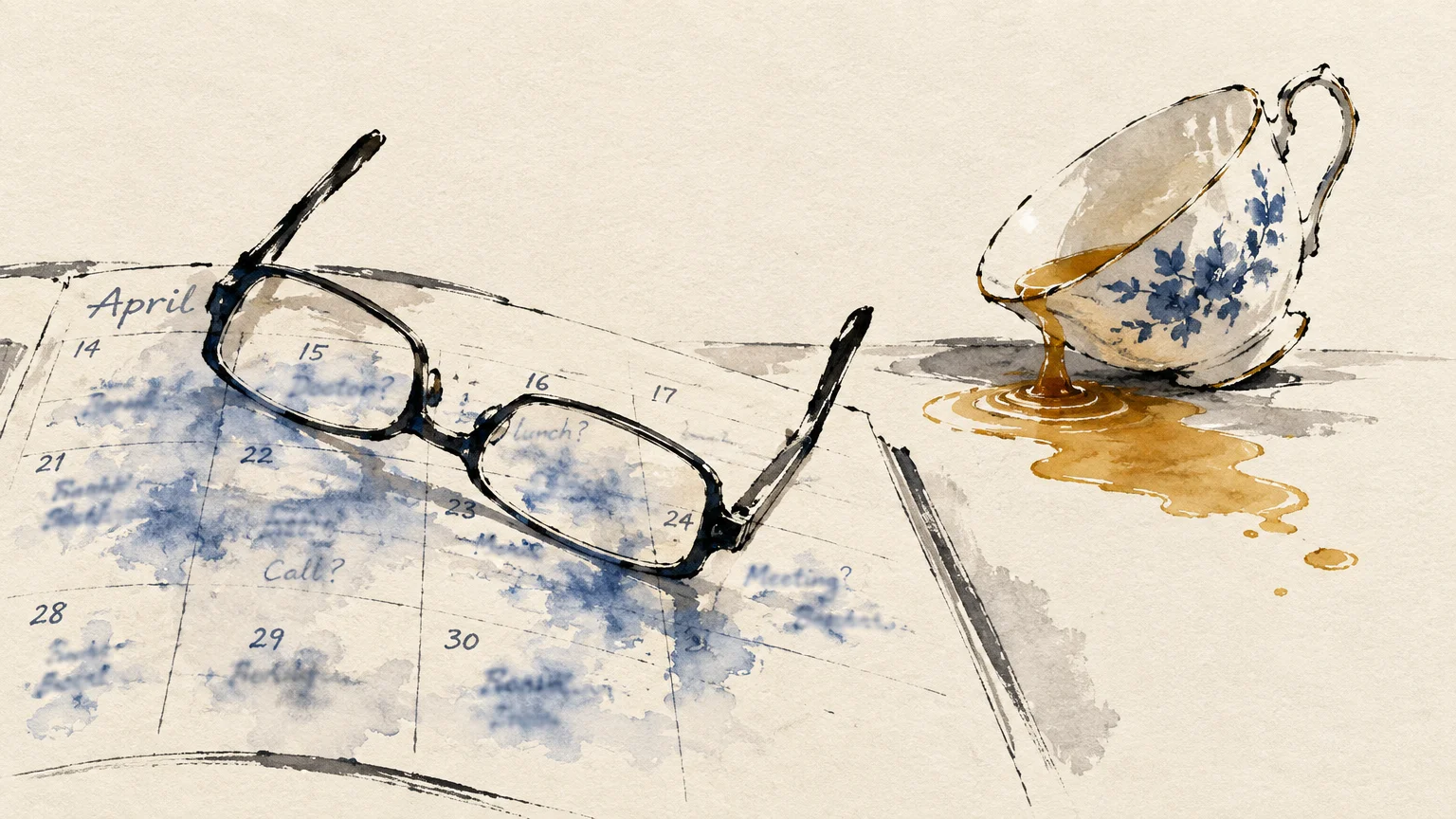 Watercolor illustration of black reading glasses resting on a blurred April calendar beside a tipped teacup spilling tea.