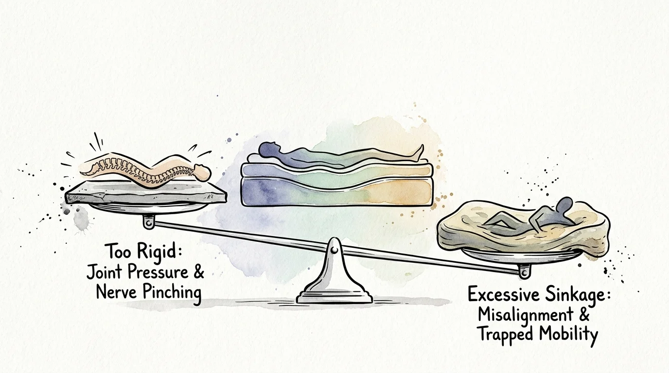 Illustration of a balance scale contrasting a rigid mattress causing joint pressure with an overly soft bed causing sinkage.