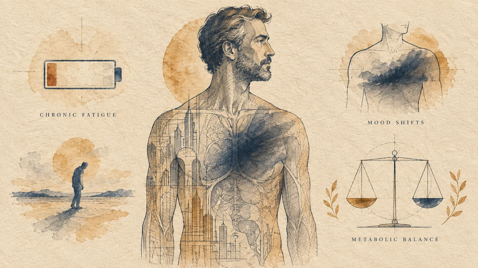 Vintage medical illustration of a man's torso surrounded by icons for chronic fatigue, mood shifts, and metabolic balance.