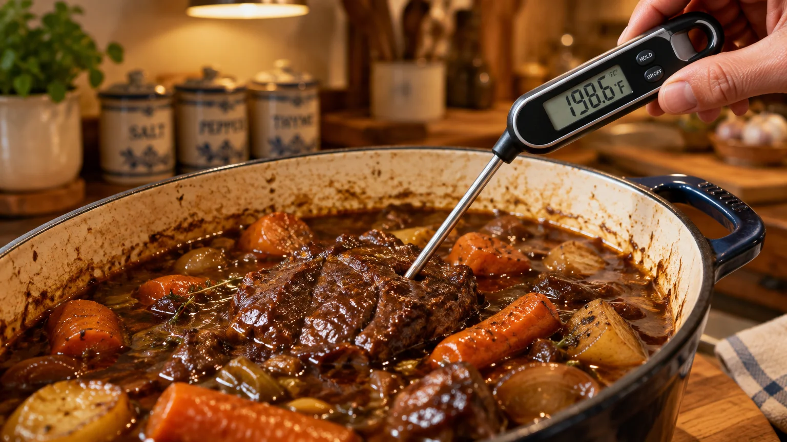 A digital food thermometer inserted into cooked beef roast and vegetables simmering inside a blue enamel Dutch oven.