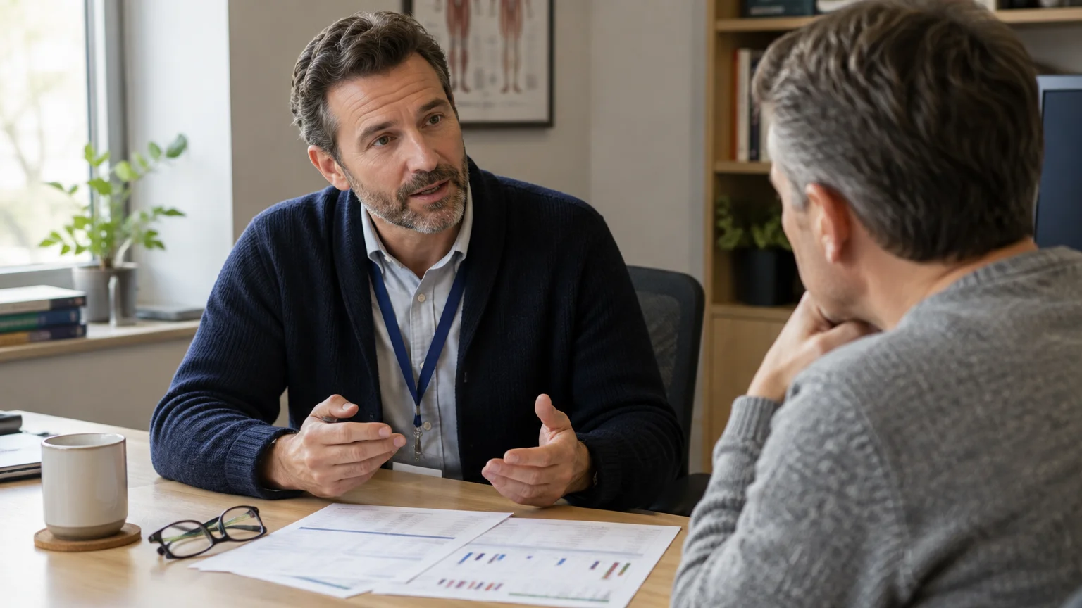 Doctor sitting at a desk speaking with a male patient across papers with charts and clinical data.