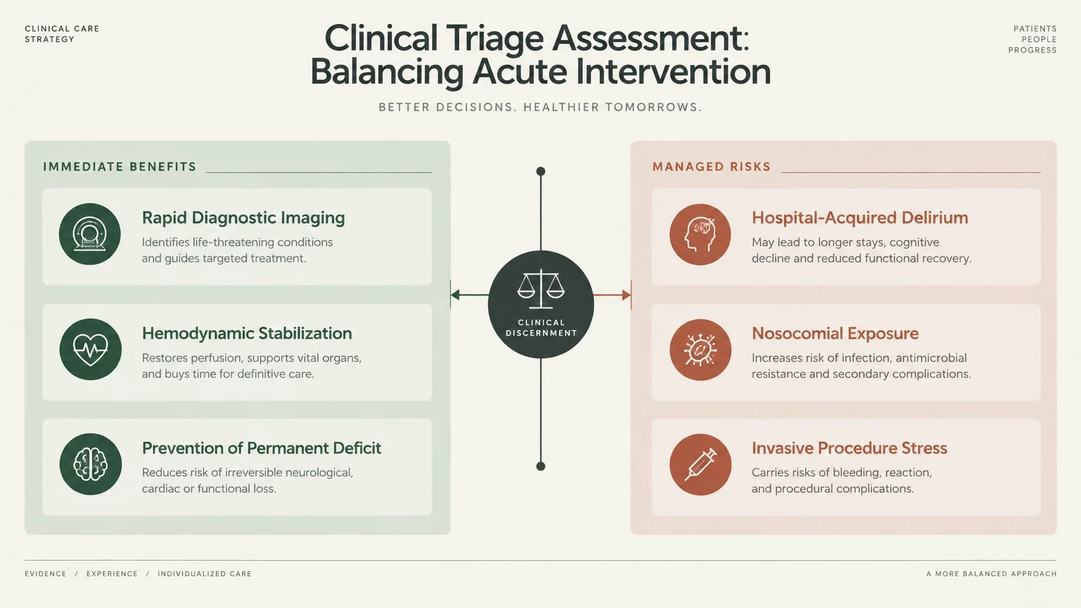 Diagram balancing immediate emergency benefits like rapid imaging against managed hospital risks like delirium and infection.