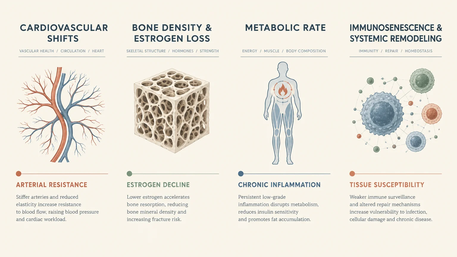 Medical diagram with four panels showing cardiovascular shifts, porous bone structure, metabolic inflammation, and immune cells.