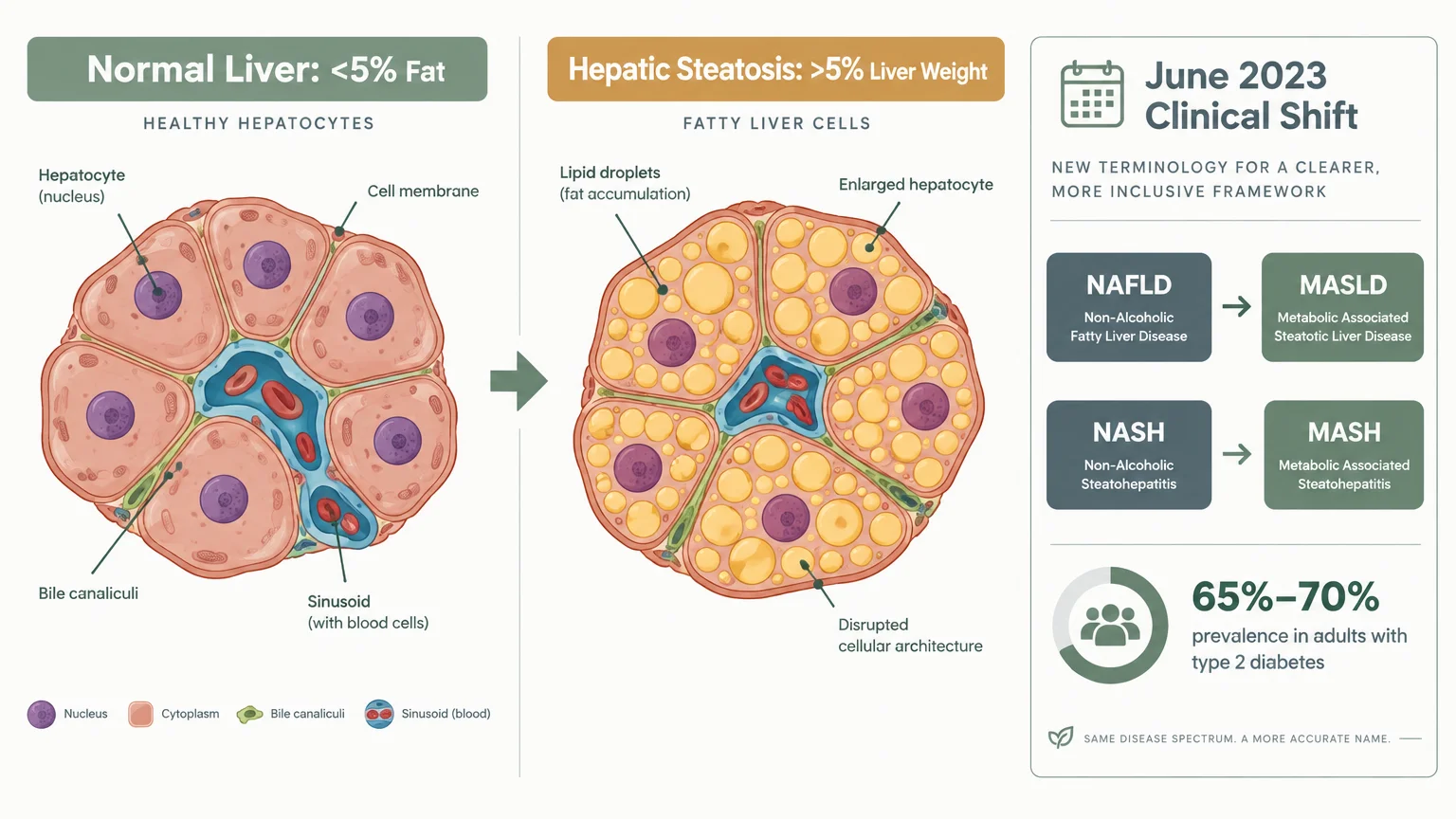 Medical diagram comparing normal hepatocytes to hepatic steatosis with lipid droplets, alongside June 2023 terminology changes.