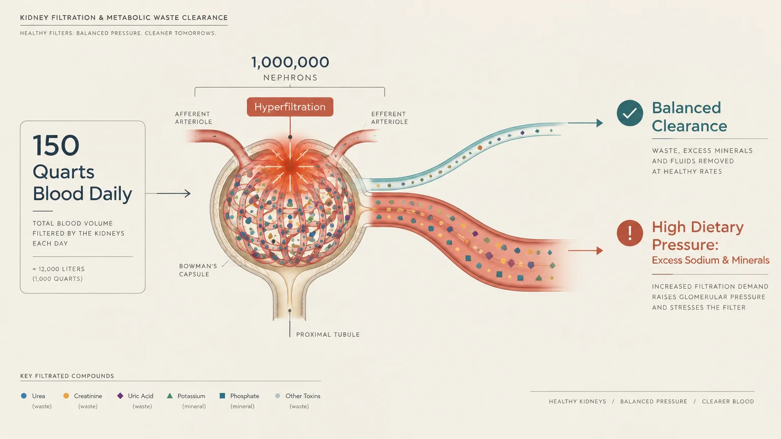 Medical diagram of Bowman's capsule and nephron filtration comparing balanced clearance with high dietary pressure.