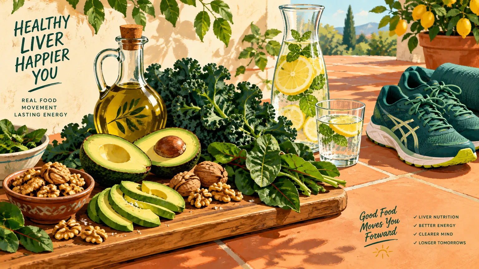 Illustration of olive oil, kale, avocados, walnuts, lemon water, and running shoes on a sunny Mediterranean terrace.