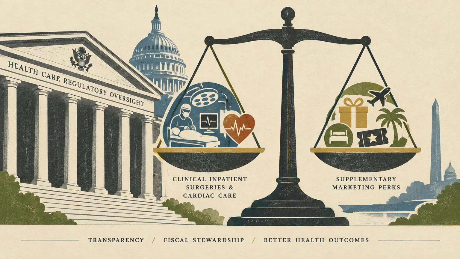 Balance scale weighing inpatient clinical care against supplementary marketing perks before government buildings.