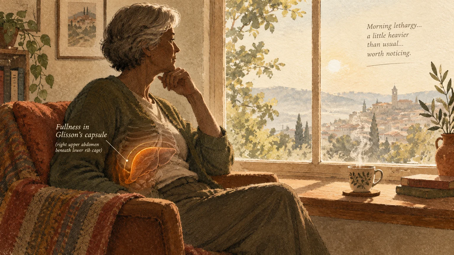 Illustration of an older woman in an armchair by a window, with an anatomical overlay highlighting her liver.