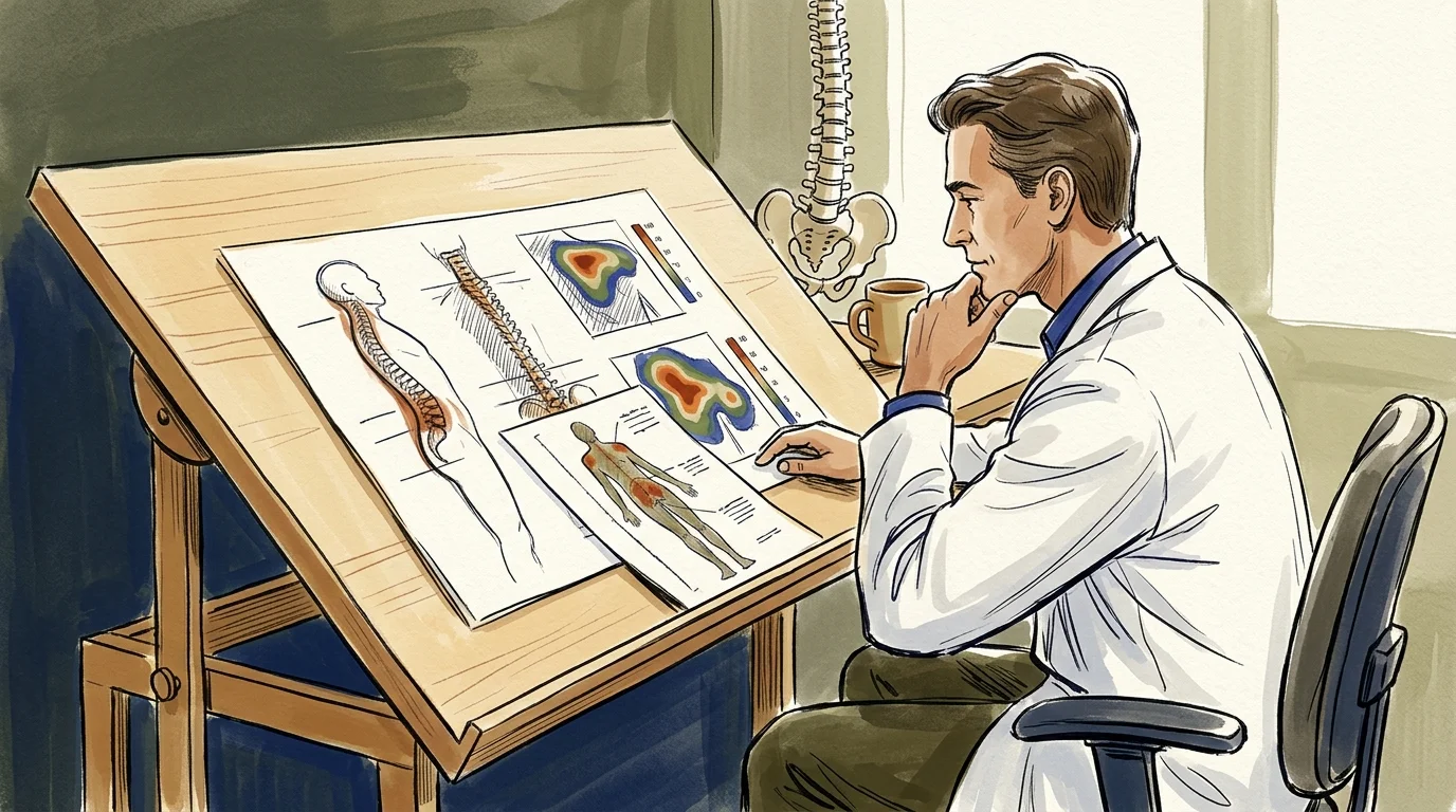 Illustration of a doctor in a lab coat studying anatomical spine diagrams and pressure maps at an easel.
