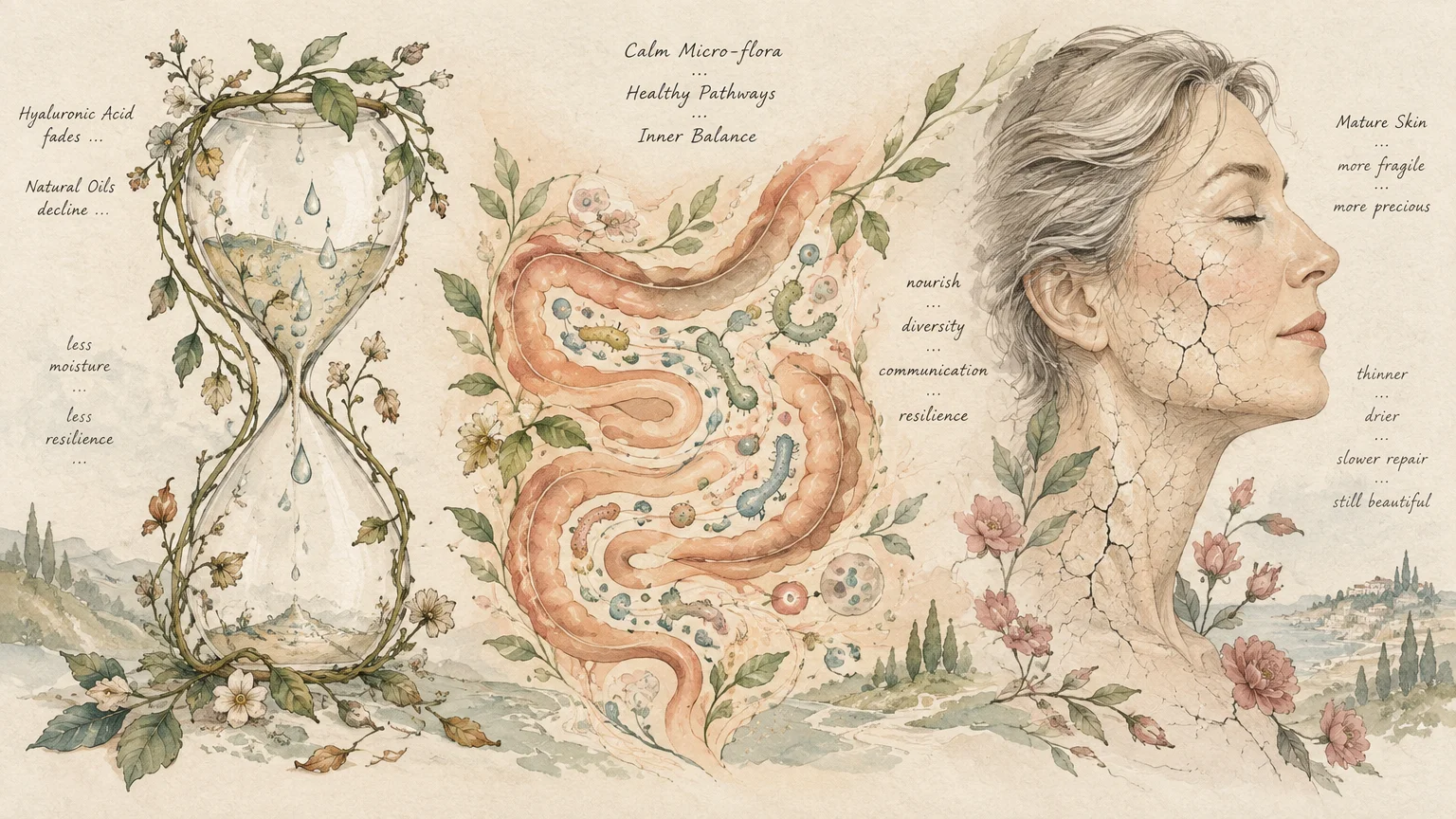 Illustration of an hourglass, intestines with microbes, and an older woman's face with cracked skin surrounded by flowers.